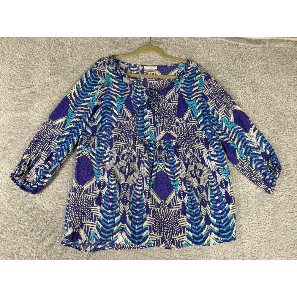 Como Woman‎ Tunic Top Women 2X Blue Tribal Print Excellent Boho Rayon Tie-Neck